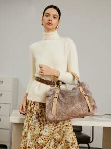 SHECARRY 女士时尚蓬松拼布通勤手提包，新款毛皮钱包