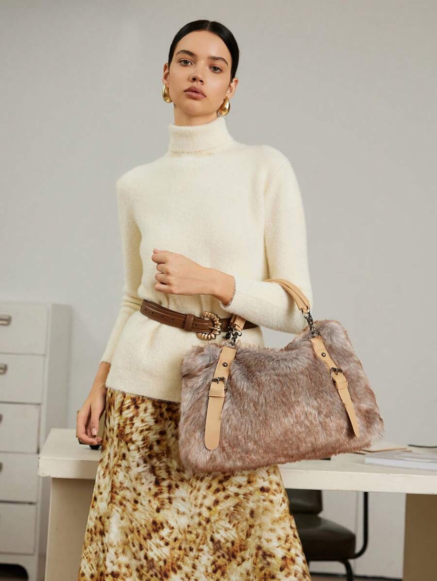 SHECARRY 女士时尚蓬松拼布通勤手提包，新款毛皮钱包