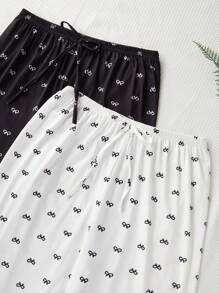 SHEIN 2件套蝴蝶结印花女士休闲睡衣裤套装，秋冬服装 - 黑與白 - 查看 6