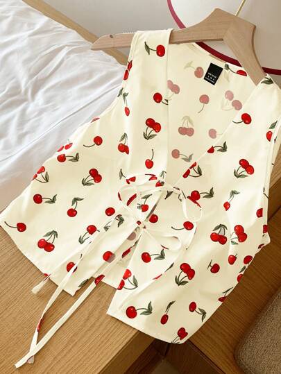 Comfortcana Camisa casual de mujer con estampado de cerezas y nudo delantero para vacaciones