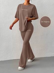 SHEIN EZwear Women Embroidered Letter Round Neck Dolman Sleeve Top And Flare Pants Set Brown - Coffee Brown - View 1