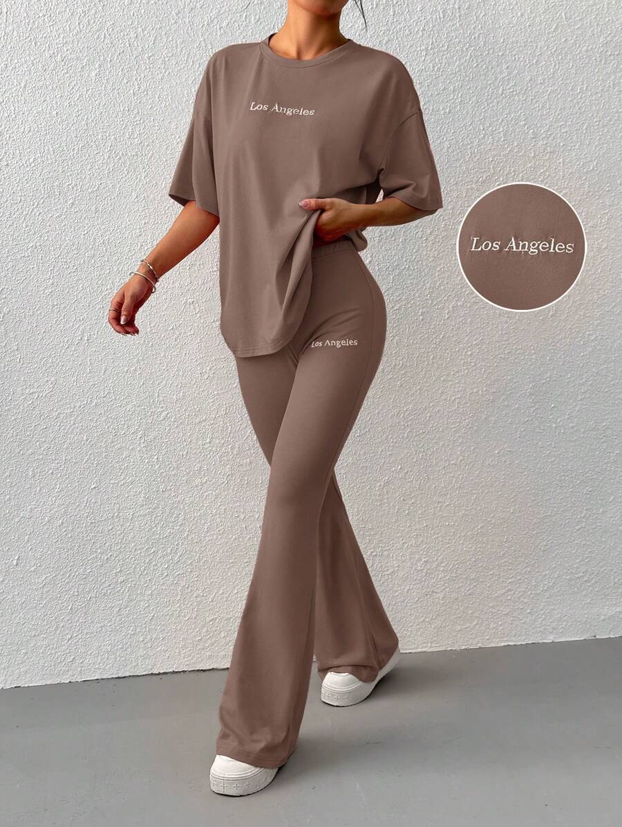 SHEIN EZwear Women Embroidered Letter Round Neck Dolman Sleeve Top And Flare Pants Set Brown - Coffee Brown - View 1
