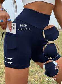 SHEIN Essnce Pantalones cortos de motocicleta de color azul oscuro versátiles, cómodos y de uso diario con bolsillos, para mujeres de talla grande, de moda casual y deportiva para primavera y verano, ropa de calle, shorts de ciclista, para salir - Azul Marino - Ver 1