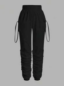 SHEIN PETITE Women's Casual Solid Color Drawstring Cargo Pants - Black - View 1