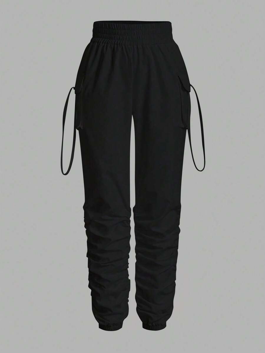 SHEIN PETITE Women's Casual Solid Color Drawstring Cargo Pants - Black - View 1