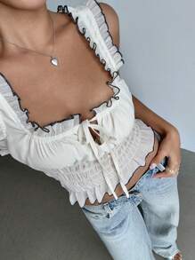 Aloruh 杏色褶皱下摆拼色修身女式衬衫，适合浪漫约会 - 杏色 - 查看 3