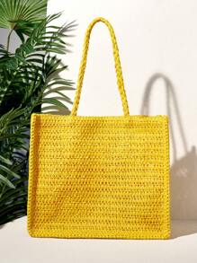 SHEIN VCAY Women's Slogan Print Large Capacity Casual Tote Bag Beach Bag - Yellow - View 4