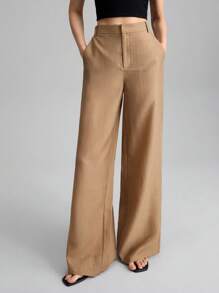 Ontre 女士棕色丝绸混纺半透明轻薄夏季阔腿宽松休闲裤，都市时尚时尚裤子，适合教师