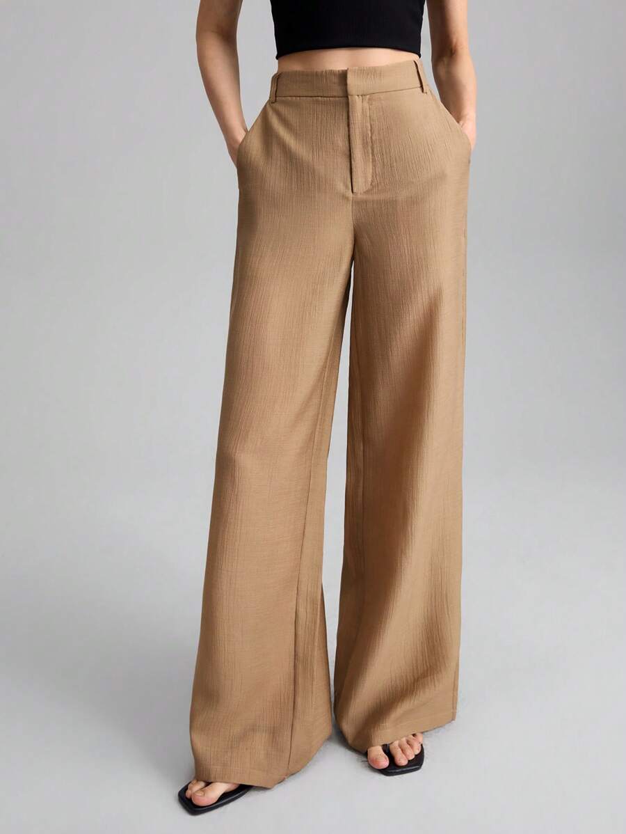 Ontre 女士棕色丝绸混纺半透明轻薄夏季阔腿宽松休闲裤，都市时尚时尚裤子，适合教师