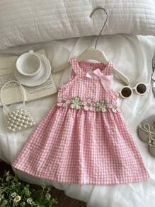 Robe à carreaux sans manches à col-ras-du-cou en coton doux, style nature, pour bébé fille/bambin de 0 à 3 ans, printemps/été