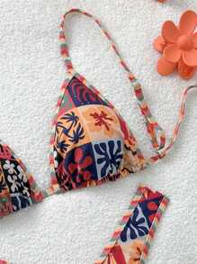 Soleia Apricot Knit Metal Buckle Floral Decor 2pcs Beachwear Bikini Set For Women
