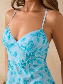 SHEIN BAE Blue Floral,Summer,Elegant,Vacation,Holiday Solid Spaghetti Strap Beaded Backless Tie Strap Top,Sequin Sequins Camisole Suitable For Beach - Blue - View 7