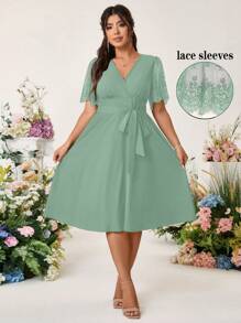 SHEIN Belle Váy xếp ly thanh lịch dành cho nữ có ren mi, thiết kế chắp vá, thắt nơ ở eo, dáng chữ A - màu xanh lá - Xem 3