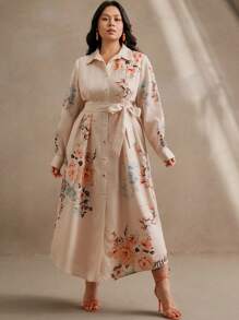 Anewsta Vestido camisero con cintura fruncida y estampado floral elegante para citas, fiestas o vacaciones - Rosa Pálido - Ver 4