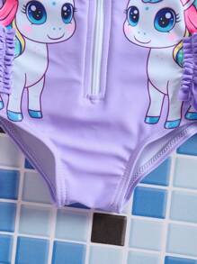 新生儿可爱蝴蝶结装饰独角兽印花拉链连体泳衣 - 淡紫色 - 查看 6