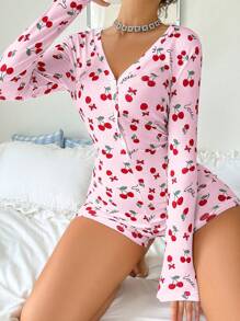 Women's Cherry Print Half Placket Romper Jumpsuit - Pink - View 1