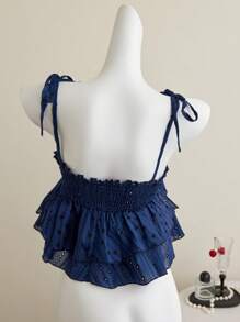 Elamini Embroidery Hollow Tie-Up Cute Solid Color Tank Top, Summer - Navy Blue - View 2