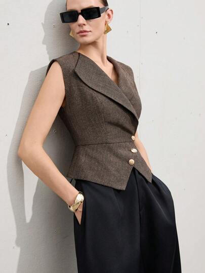 Aveloria Modichic Women's Herringbone Asymmetrical Hem Waist Cinched Waist Oversized Lapel Vest Jacket