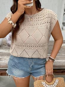 SHEIN VCAY Plus Size Women Summer Short Sleeve Crochet Knit Top 2025, Openwork Cropped Casual Island Vacation Honeymoon Vacation Beach Western Boho Rave Festival Summer Graduation
