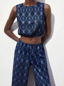 Maija Women 2pcs Set - Round Neck Elastic Hem Blousy Sleeveless Crop Top And Elastic Waist Wide Leg Pants, Casual Chic, Beach Vacation Style, Office Outfit Women Summer Clothing Women 2 Pieces Outfits Hawaii Outfits Women Christmas Clothes Boho Women Clothing - Blue - View 7