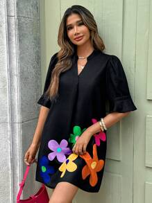 SHEIN Clasi Summer Holiday Outfits  Women's New Fashionable & Elegant V-Neck Black Floral Print Daily Commute Stylish Summer Dress Women Short Dresses Summer Woman S Summer Clothes,Bohemian Clothes - Multicolor - View 4