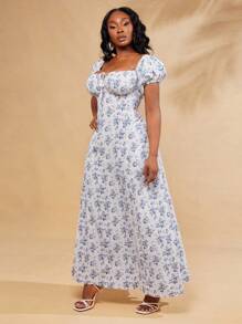 SHEIN SXY Đầm Maxi Maxi xẻ tà họa tiết hoa thanh lịch gợi cảm cổ vuông tay bồng và trễ vai hai cách mặc mùa xuân và mùa hè cỡ lớn cho nữ thích hợp mặc hàng ngày - Nhiều màu - Xem 7