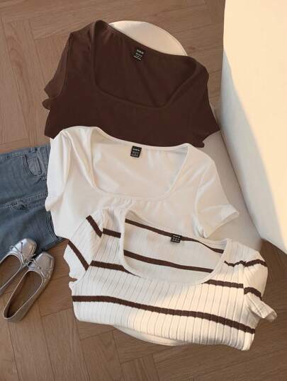 Comfortcana 3pcs Women's Short Sleeve Basic Crew Neck Cropped T-Shirts In Coffee Brown & White, Fall Clothes