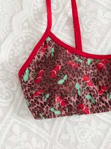 Swim Vcay Conjunto de bikini de mujer rojo con cordón, pantalones de corte alto para vacaciones de verano, playa y festivales de música con estampado de leopardo y cereza - Multicolor - Ver 5