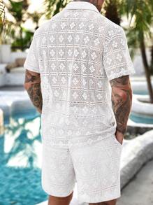 VENTUSAIL 男士镂空针织衬衫和短裤套装，夏季时尚男士夏季两件套男士度假男士衬衫套装男士夏装套装，舒适服装 - 白色 - 查看 2