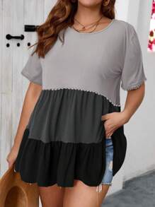 SHEIN VCAY 女士加大码撞色蕾丝边短袖宽松T恤，夏季休闲装