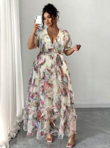 Auvina Women's Spring & Summer V-Neck Jacquard Puff Sleeve Tie-Waist Elegant Dress - Multicolor - View 5