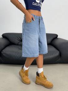 SHEIN Teen Girls Y2K Fashion Streetwear Light Blue Washed Denim Loose Baggy Low Waist Bermuda Wide Leg Long Shorts Denim Baggy Long Short,Girls Summer Beach Boho Vacation Shorts, Summer Concert Festival Casual Rave Outfits, Girls Summer Brunch Church Graduation Outfits,Streetwear Back To School Outfits