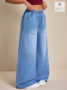 SHEIN EZwear Women's Plain Casual Denim Jeans - Light Wash - View 5