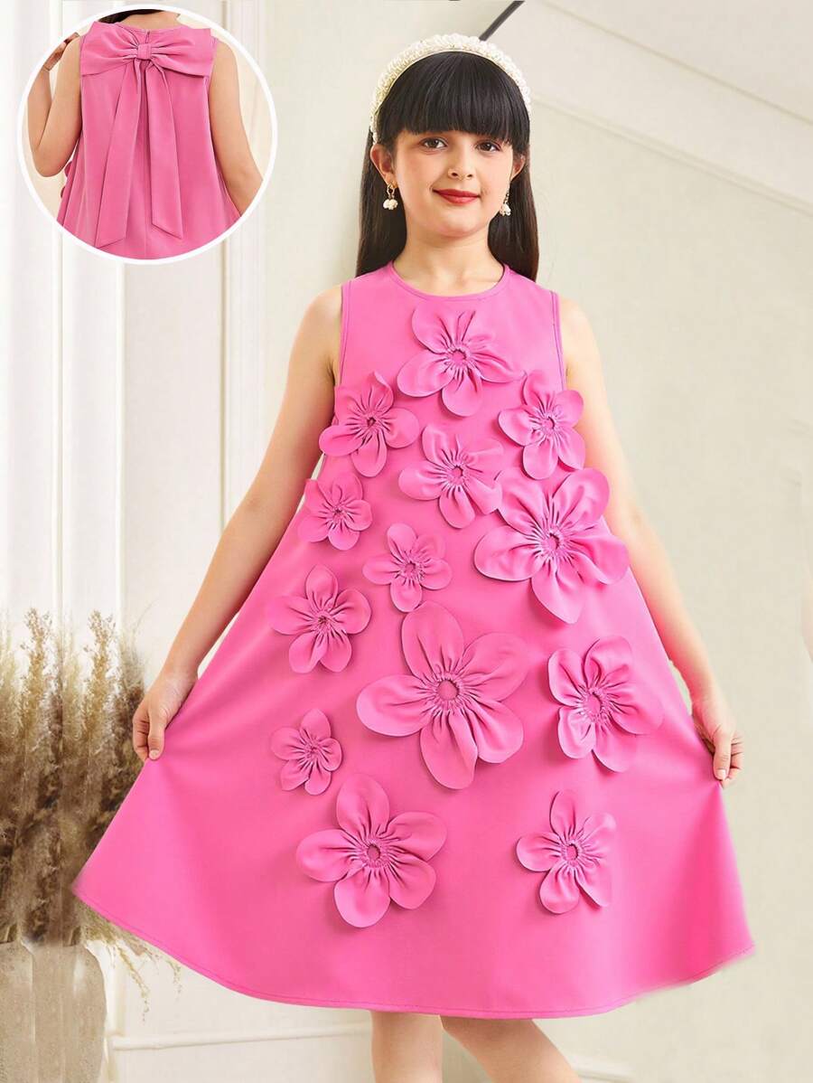 SHEIN Tween Girl Casual Simple Stand Collar Dress With 3D Floral Decor - Hot Pink - View 1