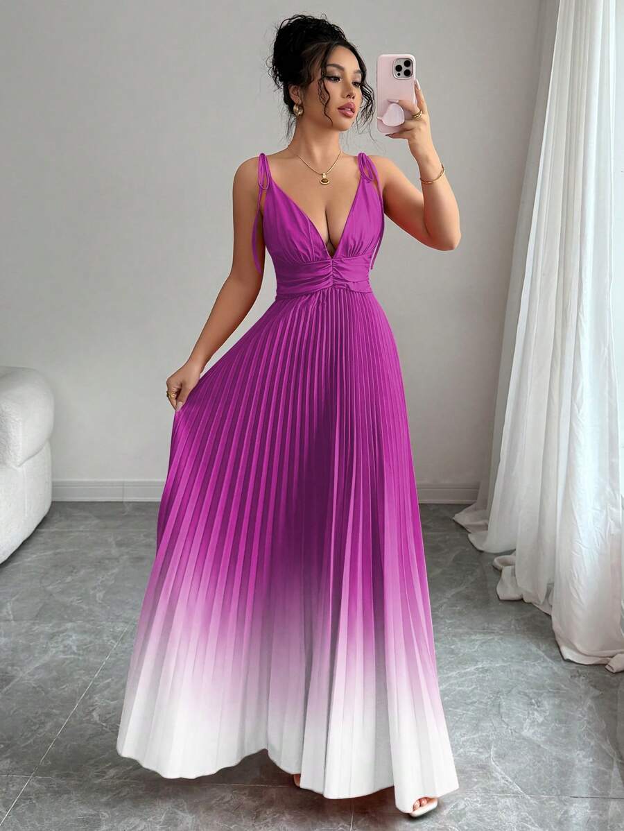 Elenzga 女士优雅浪漫渐变色 V 领褶饰腰部吊带裙 - 彩色 - 查看 1