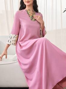 Al Najma Women's V-Neck Floral Patchwork Loose Arabic Dress, Modest - Pink - View 5