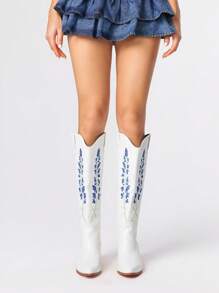 ROMWE Fairycore Women's Hollow Out Floral Embroidery White Western Boots, Leather Upper Mid-Calf Boots, Spring & Autumn New Style