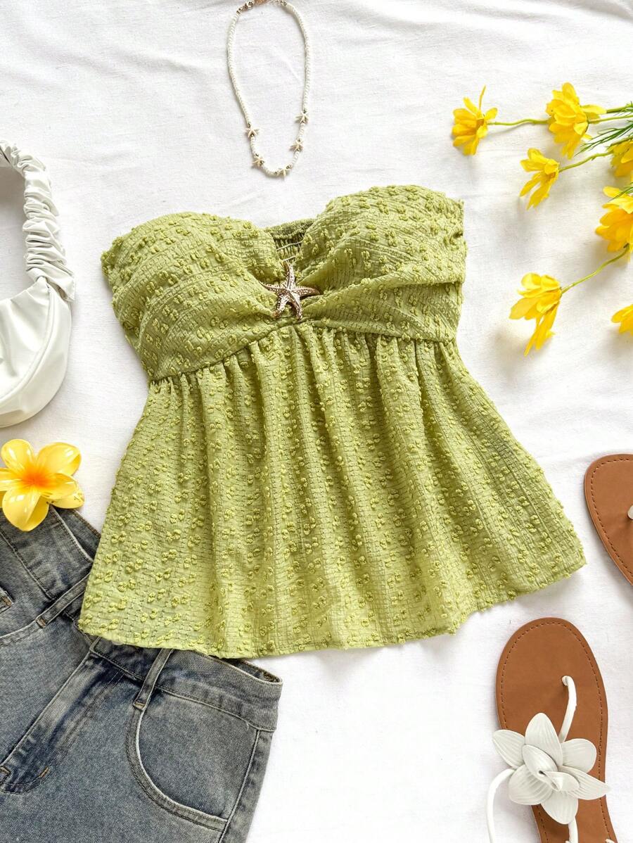 Soleia Women's Lime Green Summer Boho Beach Holiday Vacation Woven Cutout Textured Bandeau Top,Starfish Button Accent Ruffle A-Line Cinched Waist Blouse - Green - View 1