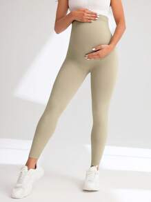 SHEIN Maternity Seamless High Waist Stretchy Casual Solid Color Simple Leggings - Apricot - View 5