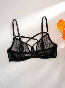 SHEIN Sujetador con diseño de tirantes cruzados, tela jacquard con malla en forma de corazón, relleno de aros cómodo, lencería de fondo delgado