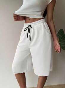SHEIN EZwear 白色针织阔腿百慕大短裤，运动风，夏季 - 白色 - 查看 3