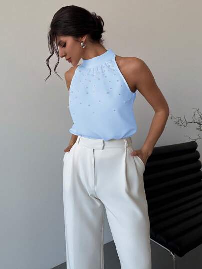 Firerie Valentine's Day New Minimalist Elegant Fashion Commuter Sleeveless Pearl Decor White Body-Con Shirt, Spring/Summer