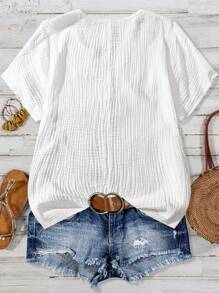 Linhara Plus Size Solid Color Lace Patchwork Notch Neck Casual Short Sleeve Shirt