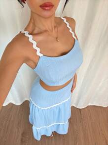 Rafferiza Conjunto de 2 piezas: Camisola minimalista de unicolor con empalme de encaje & Falda maxi para vacaciones - Azul - Ver 4