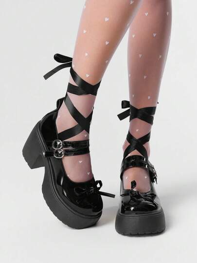 Kawaii Black Mary Jane Shoes With Thick Heel, Cross Straps, Bow Decor, Suitable For Formal/Work Wear, JK School Uniform, Women High Heels
