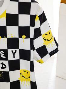 SmileyWorld® | SHEIN Tween Boy Cool Smiling Face Black & White Plaid Short Sleeve T-Shirt & Shorts Pajamas Set