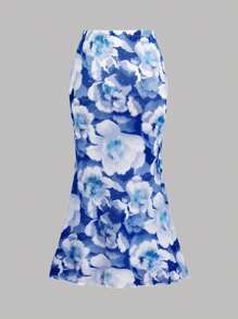 Girlism 2 件套少女蓝白针织不对称领口梭织 T 恤和蓝色花卉针织网眼休闲裙套装，适合度假、节日、毕业典礼、派对、午餐会 - 藍色 - 查看 5