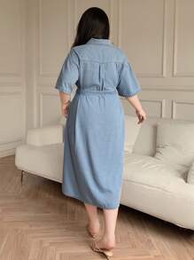 Dazy Plus Light Blue Washed Denim Turn Down Collar Rolled Up Sleeve Cinched Waist Waist Mid-Length Denim Dress - Blue - View 2
