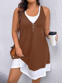 SHEIN LUNE 大码拼色夏季休闲连衣裙 - 棕色 - 查看 3