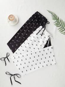 SHEIN 2件套蝴蝶结印花女士休闲睡衣裤套装，秋冬服装 - 黑與白 - 查看 3